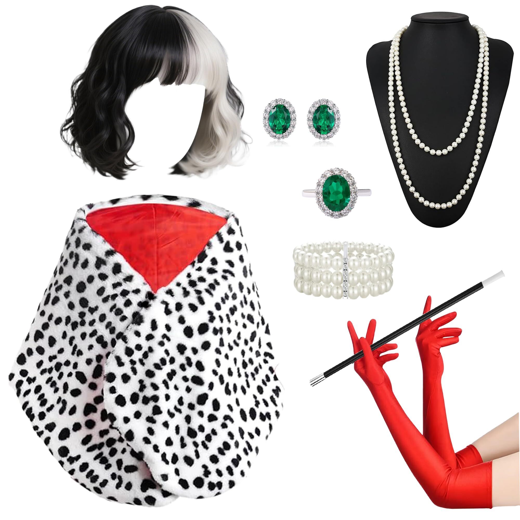 9646 Costume Black And White Faux Fur Shawl Wigs With Glovess